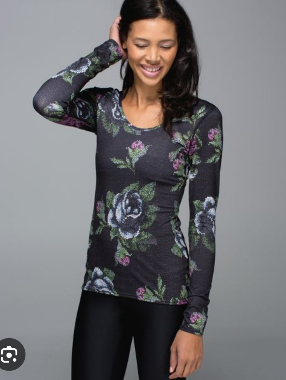 lululemon athletica Black Floral Long-Sleeve Scoop Neck Top
